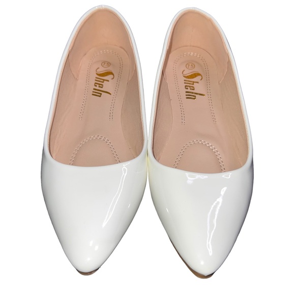 White Glossy Pointed Toe Flats - Picture 3 of 5